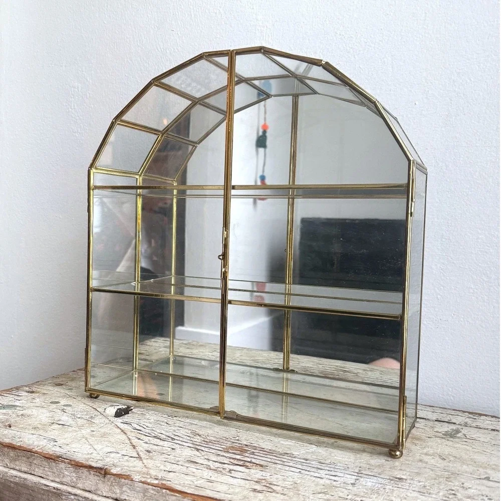 Vintage Franklin Brass Glass Arched Display Case Mirrored Back Curio Cabinet